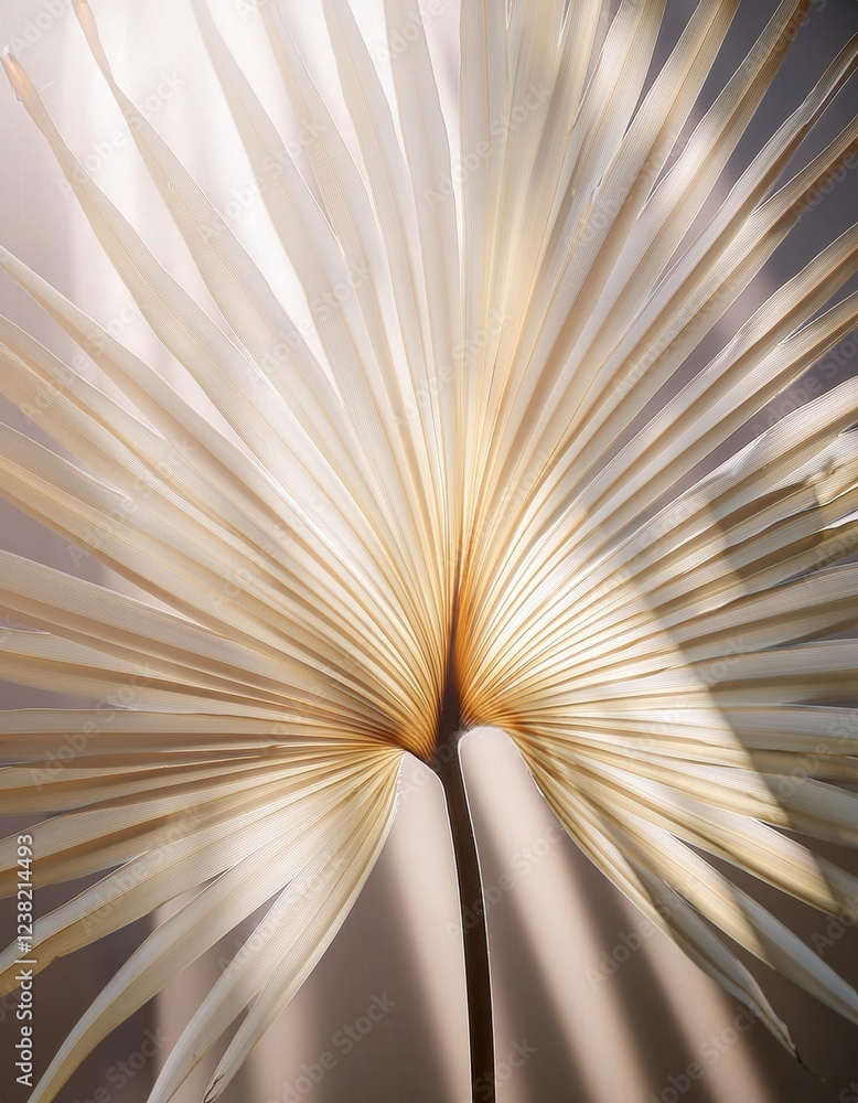 Obraz premium Sunlight filters through a beautifully textured palm leaf, creating a warm golden glow. This close-up invites feelings of relaxation and escape to a tropical island paradise
