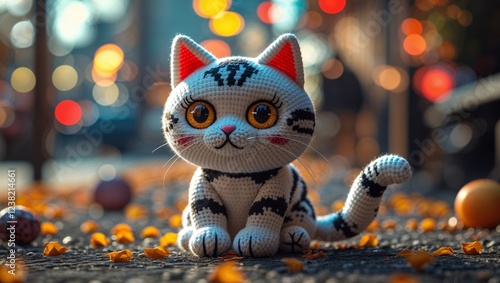 Adorable Crochet Cat Toy Sitting on Street with Bokeh Lights and Fallen Autumn Leaves photo