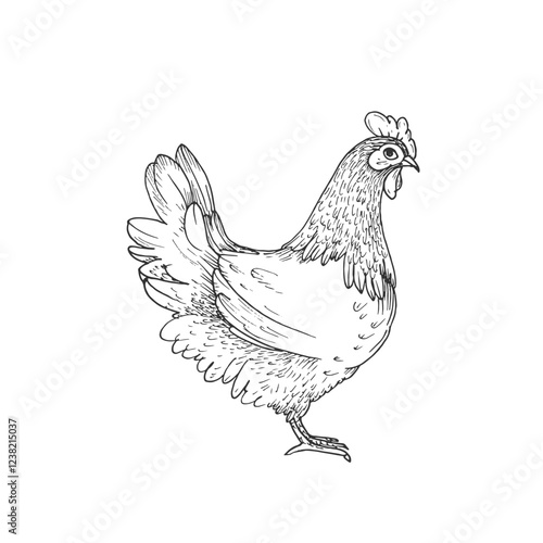 Hen vector illustration hand drawn with ink and isolated on white background. Graphic sketch of chicken. For farm products and eggs packaging design