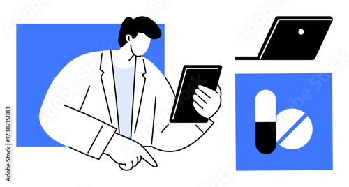 Person in a white coat interacting with a tablet, laptop, and medication icons. Ideal for telemedicine, eHealth, digital healthcare, medical consultations, pharmaceutical services, remote patient