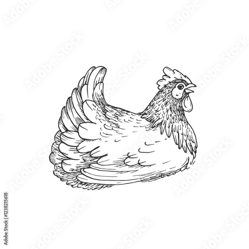 Hen vector illustration hand drawn with ink and isolated on white background. Graphic sketch of chicken. For farm products and eggs packaging design