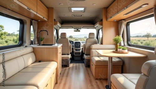 Modern camper van interior comfortable, spacious layout. Light beige leather sofas, wooden furniture create warm, inviting ambiance. Small table conveniently located for dining work. Large windows