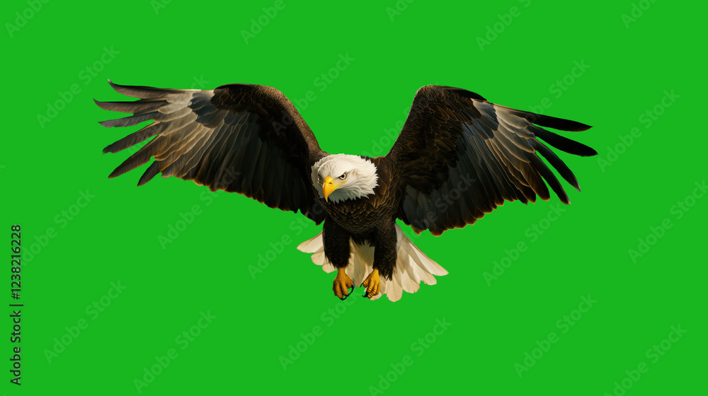 Fototapeta premium Bald eagle soaring against a bright green background while displaying its impressive wingspan and fierce demeanor