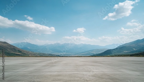 Empty concrete floor with a sky and mountain background. Abstract landscape banner template for product presentation, with an empty space mock-up. 