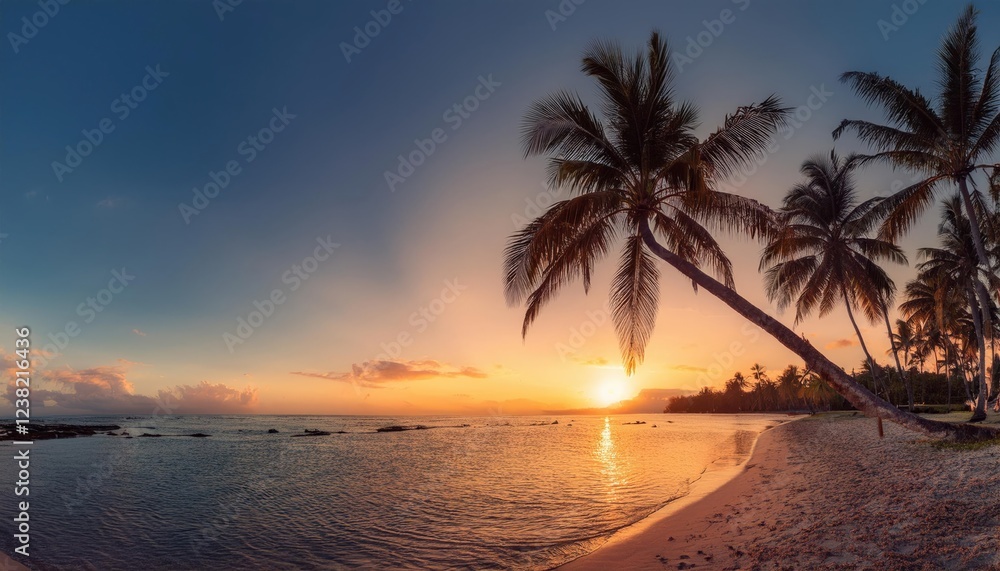 Soft golden rays of sunlight break through the horizon, illuminating a serene beach. Tall palm trees lean gracefully, creating a picturesque tropical escape at sunrise, perfect for relaxation Soft golden rays of sunlight break through the horizon, illuminating a serene beach. Tall palm trees lean gracefully, creating a picturesque tropical escape at sunrise, perfect for relaxation