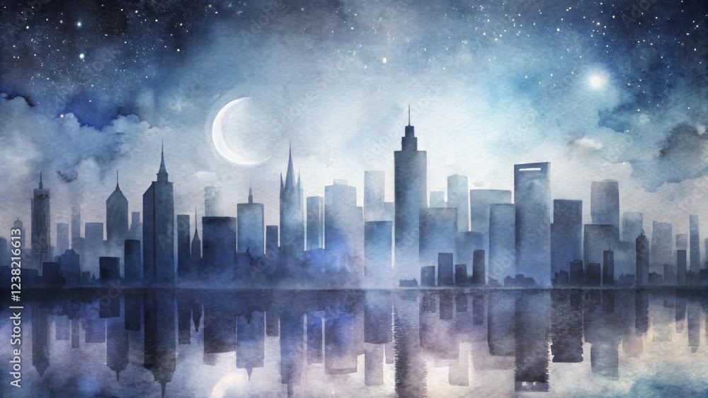 Fototapeta premium Enchanting nighttime cityscape with crescent moon and starry sky reflection