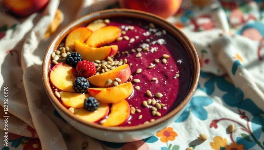 Fototapeta premium Vibrant berry smoothie bowl with fresh peaches and seeds on decorative fabric
