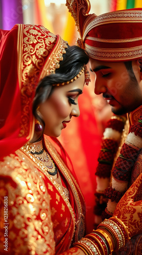 Close-up shot of a grand Indian wedding. Bride in red and gold saree, intricate henna, groom in regal sherwani. Detailed focus on the couple during sacred rituals. Vibrant colors, intricate dec