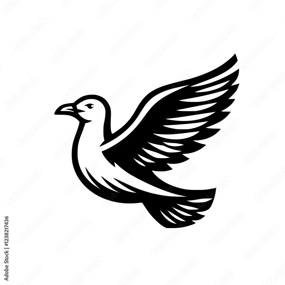 Fototapeta premium Majestic Seagull in Flight: A Black and White Vector Graphic of a Bird Taking Flight, Symbolizing Freedom and Peace