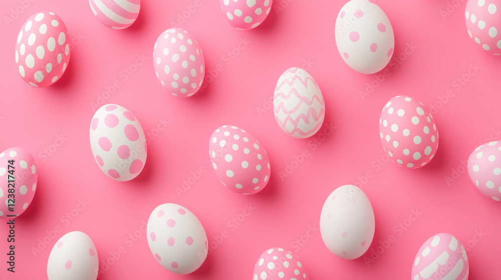 Pattern featuring pink and white Easter eggs on a pink backdrop. Pattern featuring pink and white Easter eggs on a pink backdrop.