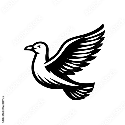 Majestic Seagull in Flight: A Black and White Vector Graphic of a Bird Taking Flight, Symbolizing Freedom and Peace