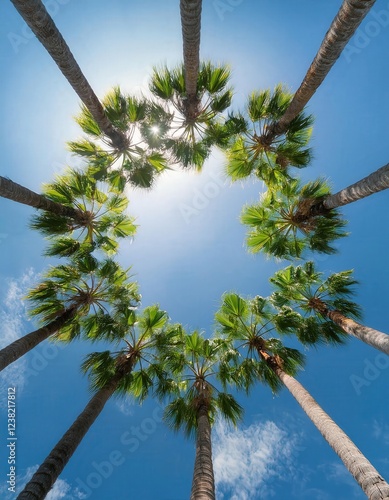 An enchanting circle of palm trees rises majestically against a deep blue sky, creating a relaxing oasis. Sunlight filters through the lush leaves, inviting escape and serenity photo