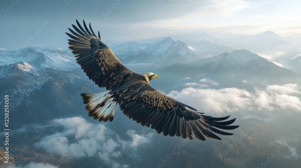 Naklejka premium A majestic eagle soaring high above a mountainous landscape, symbolizing freedom and courage.