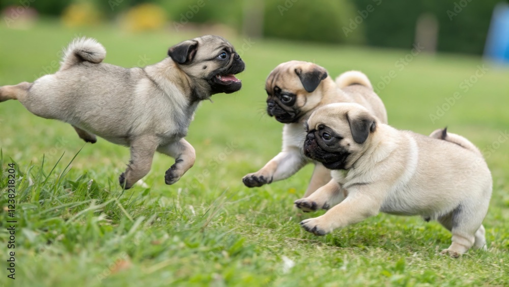 Playful pugs frolicking in a green park a delightful exploration of puppy playfulness in nature Playful pugs frolicking in a green park a delightful exploration of puppy playfulness in nature