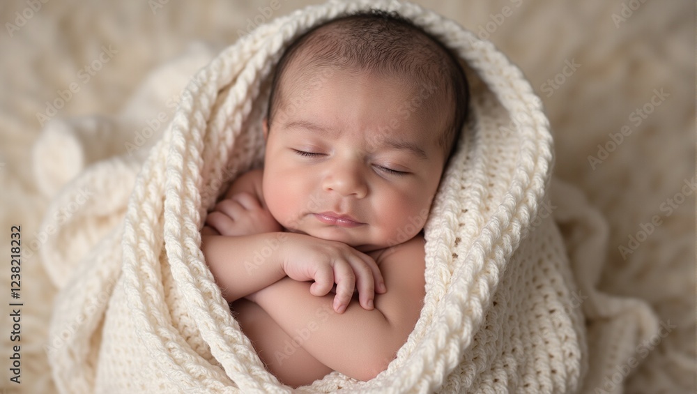 Serene newborn sleeping in cozy blanket delicate hands near face Soft blurred background Serene newborn sleeping in cozy blanket delicate hands near face Soft blurred background