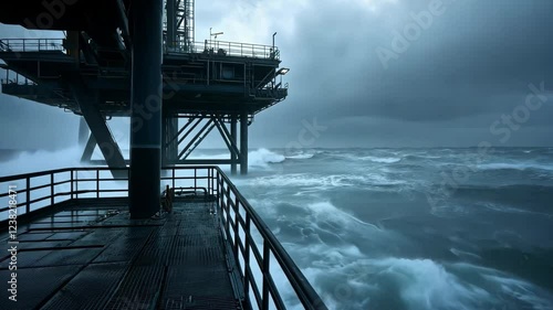 An oil rig in the ocean during a severe storm. Turbulent seas surround the rig, with large waves.