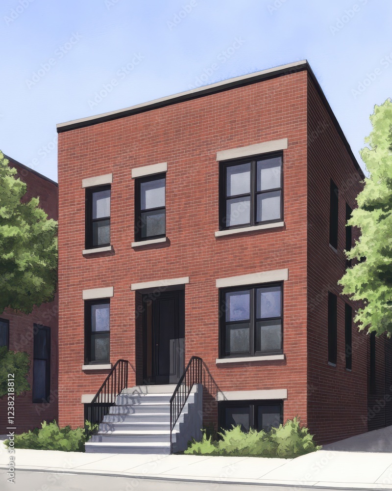 Computer generated architectural draft of a modern red brick building depicting a three-story structure with front steps and multiple windows