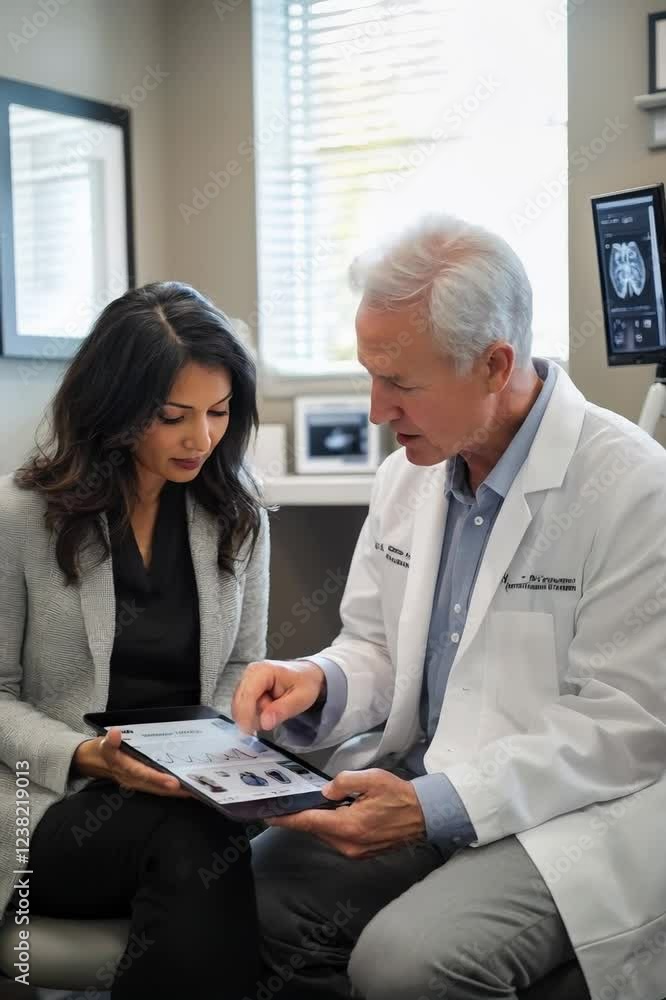 Doctor showing medical scan results on tablet to patient Doctor showing medical scan results on tablet to patient