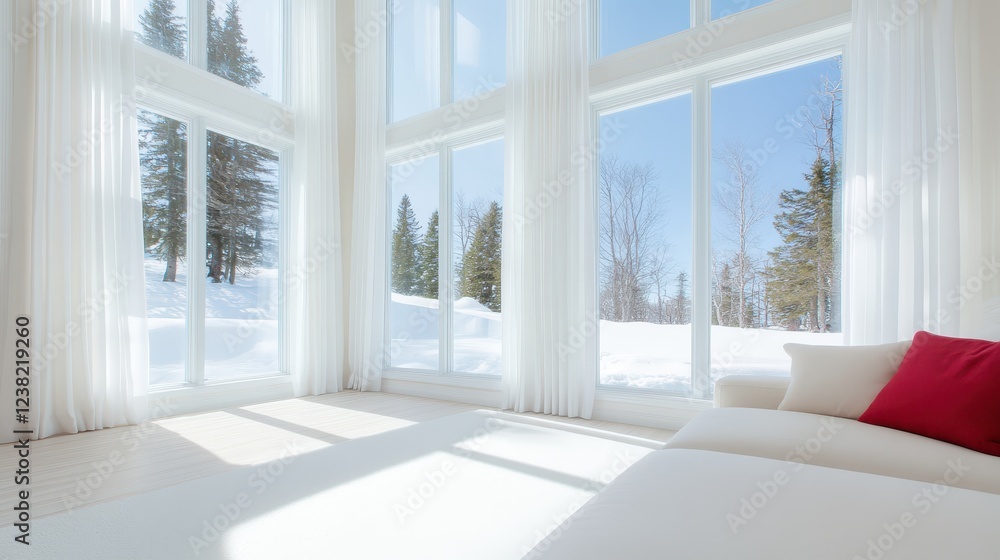 Fototapeta premium Elegant snow-white sheer curtains gracefully frame a serene winter landscape, enhancing natural light in a cozy interior space surrounded by tranquil snow-covered trees