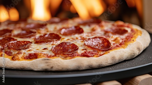 Wallpaper Mural A freshly baked pepperoni pizza on a baking tray, with a warm fireplace in the background. Torontodigital.ca