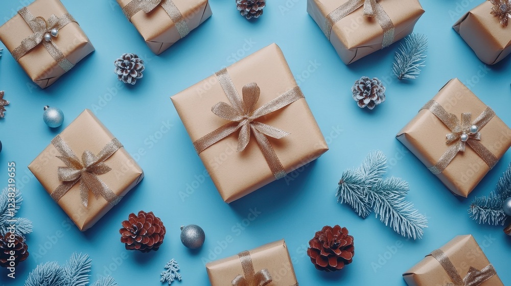 Many kraft paper gifts with gold ribbon, pine cones, and winter greenery on a blue background. Perfect for holiday marketing, greeting cards, or gift-giving related projects. Many kraft paper gifts with gold ribbon, pine cones, and winter greenery on a blue background. Perfect for holiday marketing, greeting cards, or gift-giving related projects.