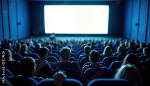 Large audience fills movie theater seats. People watch film on big screen. Dimly lit theater creates cinematic atmosphere. Indoor event. Many spectators enjoy showing. Community gathering. Enjoyment, photo