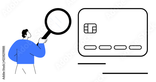 Person holds magnifying glass, looking at large credit card. Ideal for financial security, identity verification, fraud detection, banking, online transactions, payment methods e-commerce. Line