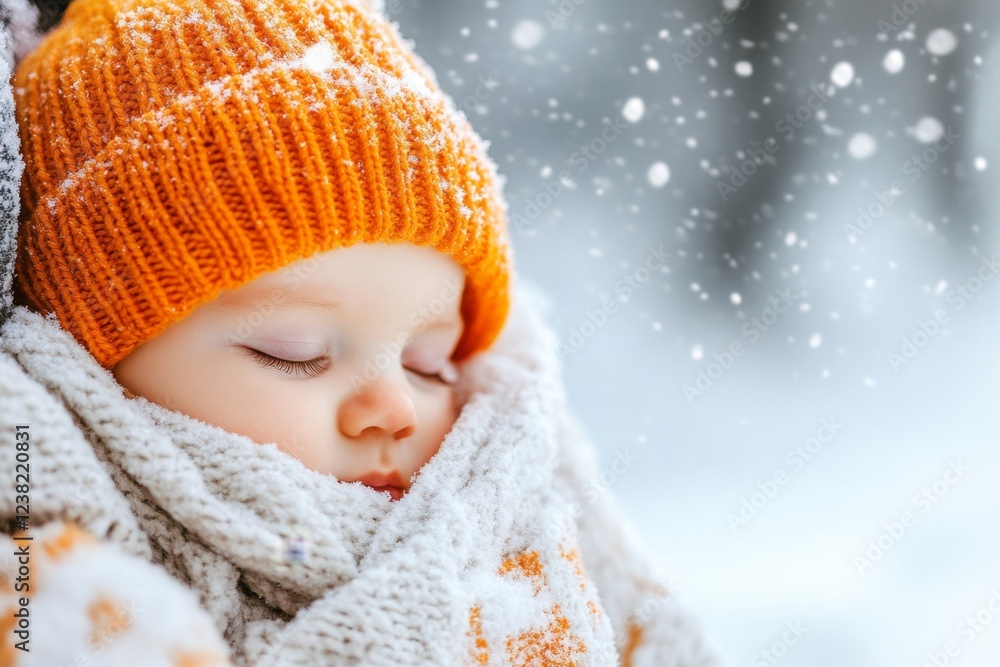 A baby bundled in warm clothes during a snowy winter day, highlighting the necessity of warmth and protection A baby bundled in warm clothes during a snowy winter day, highlighting the necessity of warmth and protection