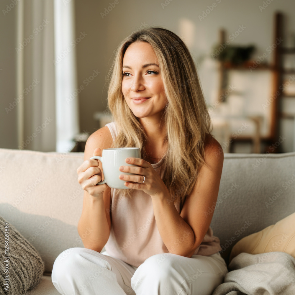 Smiling Caucasian woman relaxing on couch with coffee mug in sunny living room Smiling Caucasian woman relaxing on couch with coffee mug in sunny living room