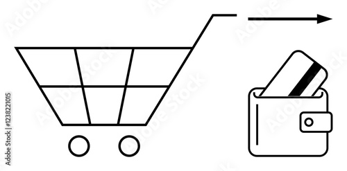 Shopping cart moving towards wallet with credit card, emphasizing e-commerce and payment systems. Ideal for online shopping, digital transactions, e-commerce, retail business, payment methods