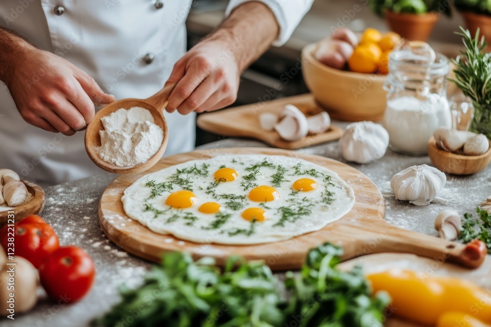 A chef arranging ingredients for a recipe on a countertop, with some items already partially prepped and others untouched A chef arranging ingredients for a recipe on a countertop, with some items already partially prepped and others untouched