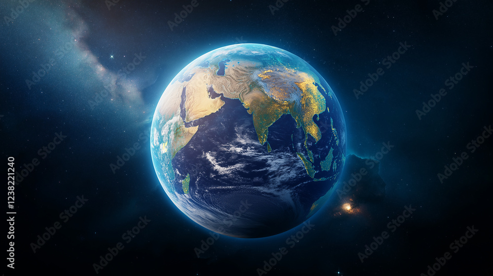 Fototapeta premium highly detailed and realistic view of Earth from space, showcasing continents, oceans, and atmospheric features, evoking sense of wonder and beauty