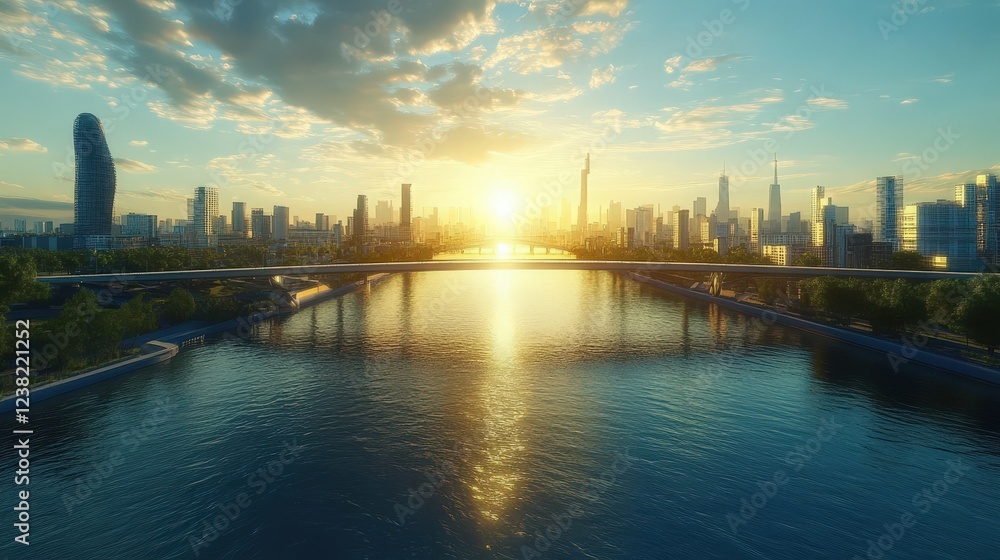 Naklejka premium modern steel bridge crossing a river, with the sun setting in the background. The bridge connects two bustling cities, providing a vital transportation link over the water.