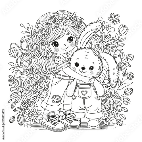 Coloring page for children and adults. A cute girl hugs a soft toy - a big rabbit standing against the background of flowers.