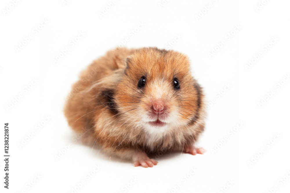 Gold hamster looking straight at the camera, isolated on white background. Cute little hamster, pet. Studio shot. Veterinary practice Gold hamster looking straight at the camera, isolated on white background. Cute little hamster, pet. Studio shot. Veterinary practice