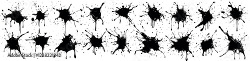 Black ink dripping and splashing. Blots, spots, paint splashes. Vector isolated silhouette set
