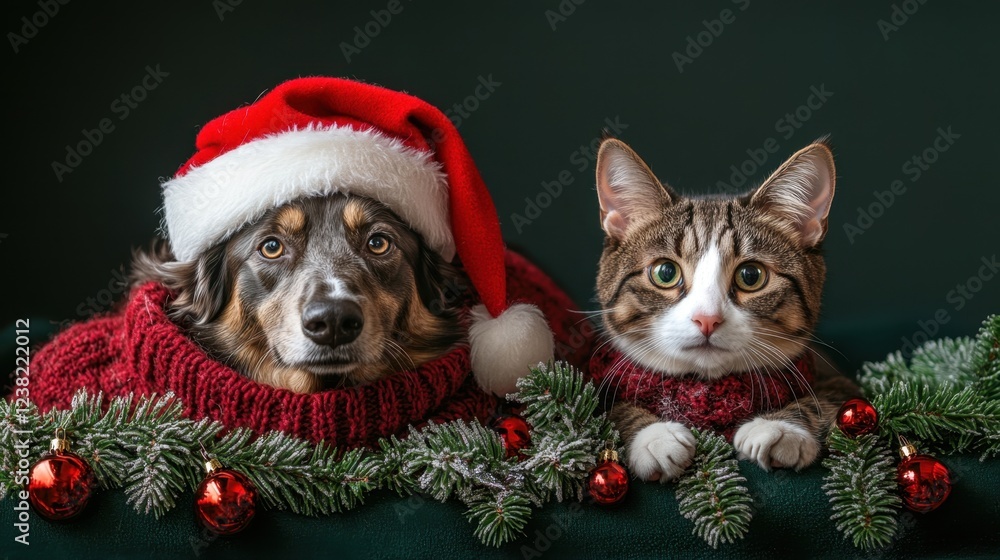 A dog and cat sitting together, dressed in Christmas with a red hat on a green background. A dog and cat sitting together, dressed in Christmas with a red hat on a green background.