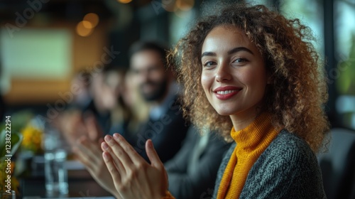 A Woman With Curly Hair Smiles and Applauds Enthusiastically During a Conference