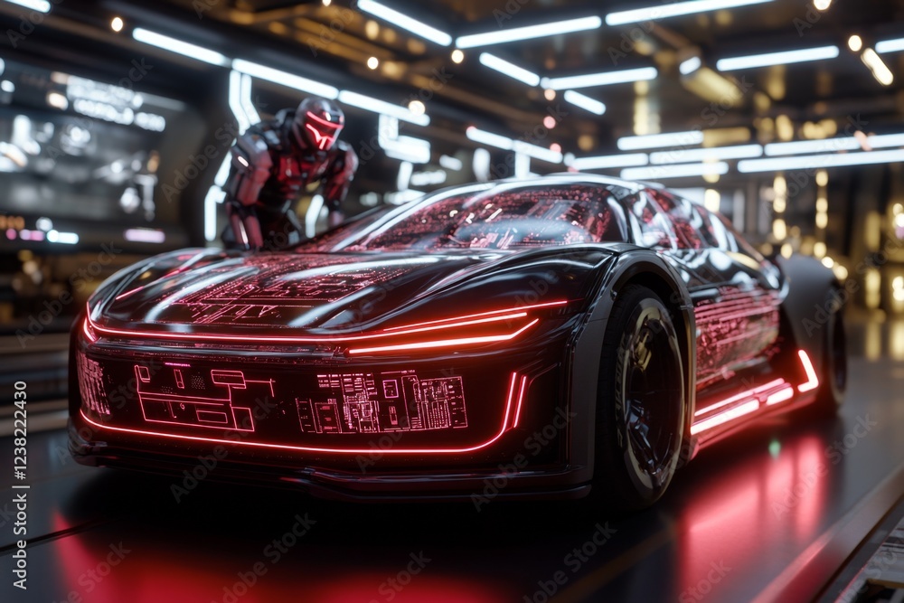 A cyberpunk-themed scene of a robotic inspector scanning a futuristic vehicle with glowing lasers and holographic data projections in a neon-lit garage A cyberpunk-themed scene of a robotic inspector scanning a futuristic vehicle with glowing lasers and holographic data projections in a neon-lit garage