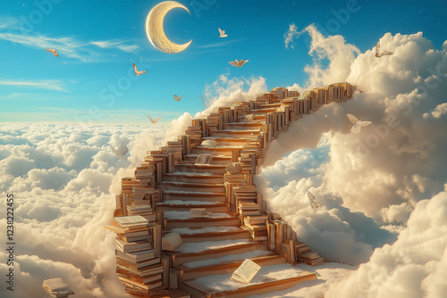 A staircase made of books is shown in the sky