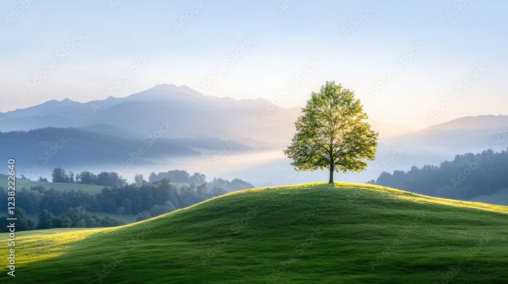 Solitary tree on hilltop sunrise, mountain backdrop, peaceful landscape, nature photography Solitary tree on hilltop sunrise, mountain backdrop, peaceful landscape, nature photography