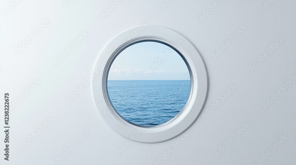 Fototapeta premium The porthole of the yacht offers a beautiful view of the calm ocean, showcasing the serenity of the water on a bright day under clear blue skies