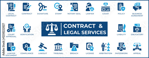 A flat, minimalist legal icon set is perfect for contracts, law firms, notaries, courts, compliance, and legal services. It is also suitable for websites, apps, business documents, and presentations.