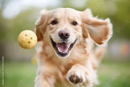 A dog immediately chasing after a thrown ball in a park, captured mid-run with excitement in its eyes and motion blur in the background photo