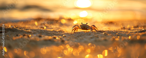 A crab scuttles across the sandy beach at sunset, creating a serene coastal scene. photo