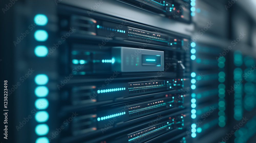 Server Room Data Hub: A close-up view of rows of powerful servers with glowing blue lights, highlighting the intricate network of hardware that drives modern technology. Server Room Data Hub: A close-up view of rows of powerful servers with glowing blue lights, highlighting the intricate network of hardware that drives modern technology.