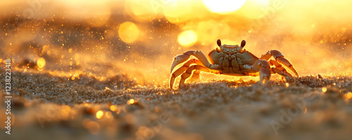 A crab walks along the sandy beach during a stunning sunset, sparkling with golden hues. photo