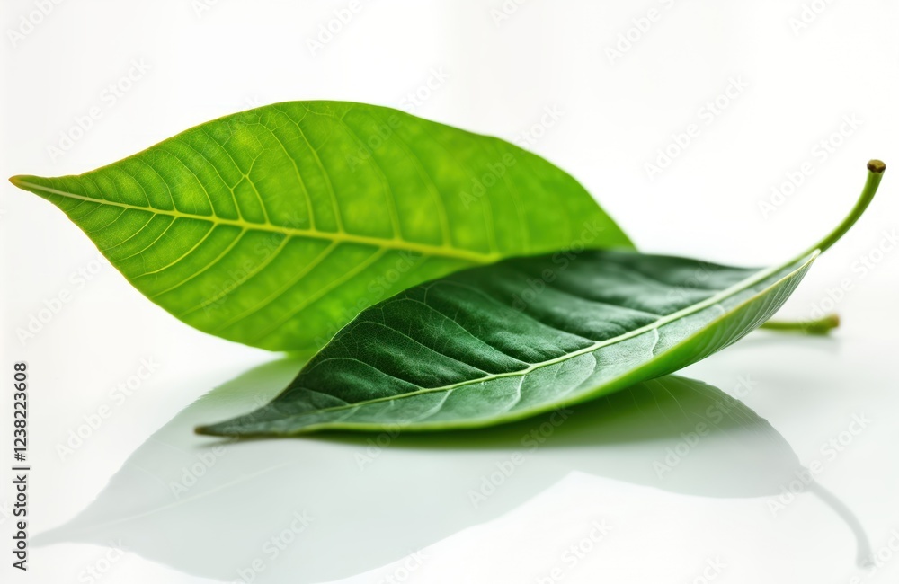 Obraz premium Close-up view of two vibrant green leaves. Natural light creates subtle sheen on leaves. Isolated against white background. Image highlights intricate vein patterns of leaves. Perfect illustration of