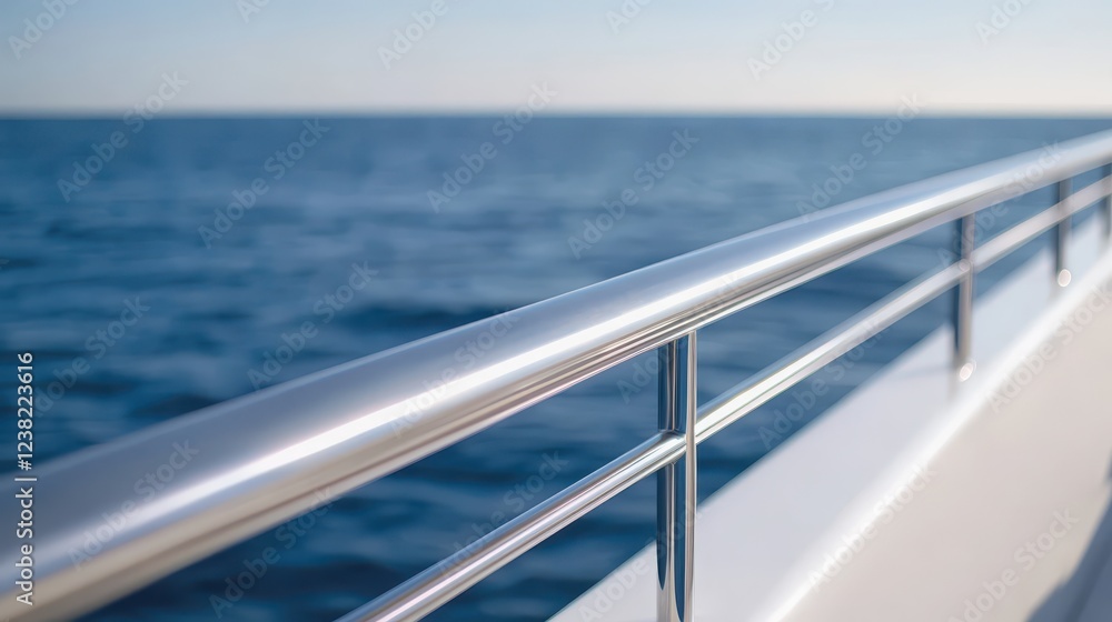 Fototapeta premium Yacht railing shining brightly against a serene ocean backdrop capturing the beauty of nautical design and maritime tranquility in daylight