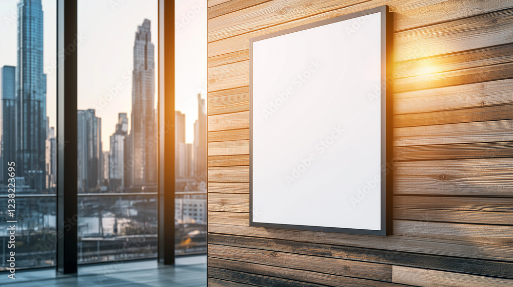 mockup of empty blank white billboard on wooden wall with city skyline view. warm sunlight creates cozy atmosphere, perfect for showcasing art or advertisements mockup of empty blank white billboard on wooden wall with city skyline view. warm sunlight creates cozy atmosphere, perfect for showcasing art or advertisements